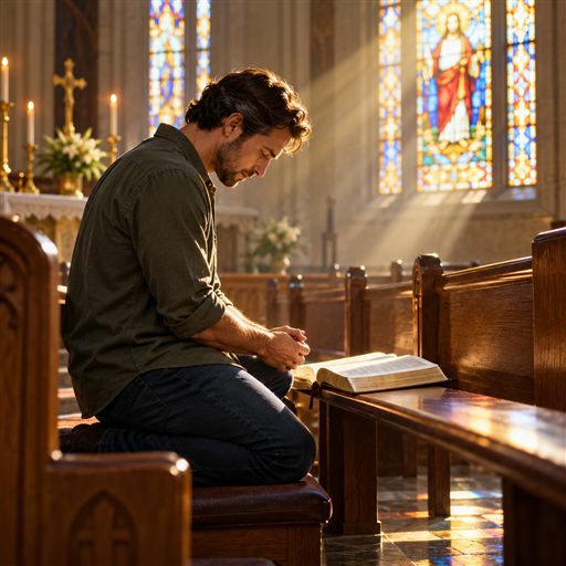 A man kneels in a church pew with an open Bible, quietly examining his heart in prayer.