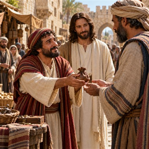 Zacchaeus returns a purse of coins to a townsman as Jesus looks on in ancient Jericho.