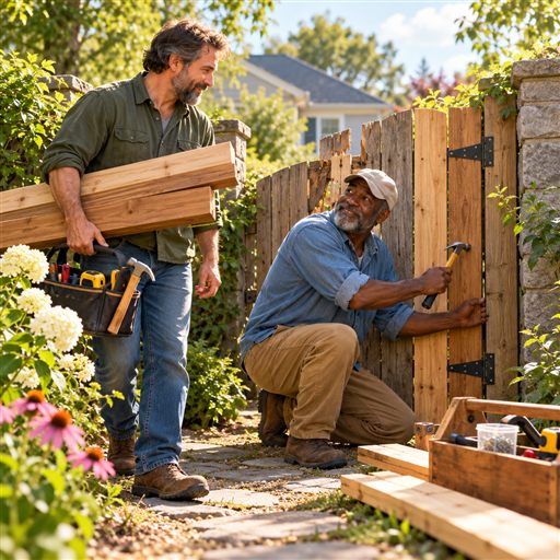 Two neighbors work together to repair a damaged wooden garden gate.
