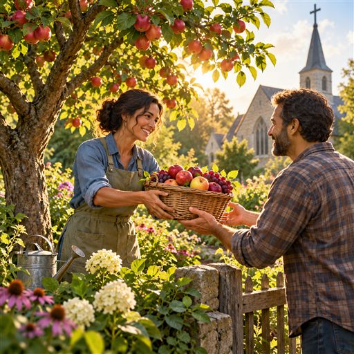 A woman offers a basket of ripe fruit to a neighbor beneath a flourishing tree.