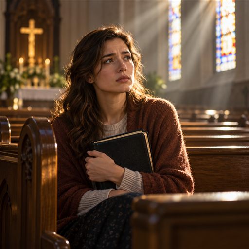 A woman holds her Bible close in a quiet church, wrestling with fear and spiritual pressure.