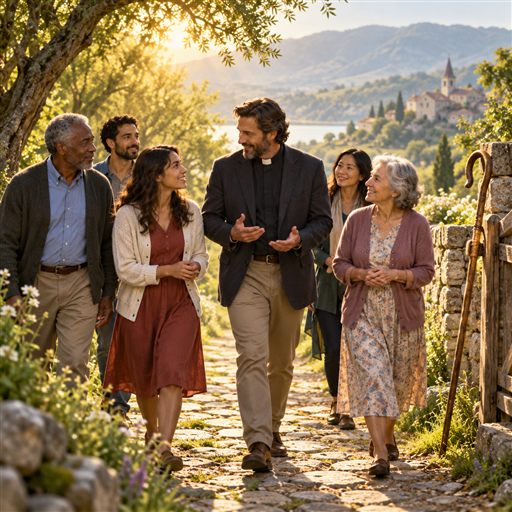 A pastor walks alongside congregants on a sunlit path, listening and serving among them.