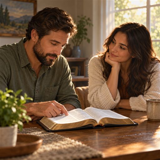 Two people read an open Bible together in a calm, compassionate conversation.