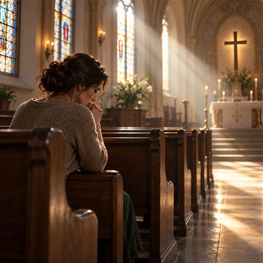 A woman prays alone in a church pew as soft morning light falls across the sanctuary.
