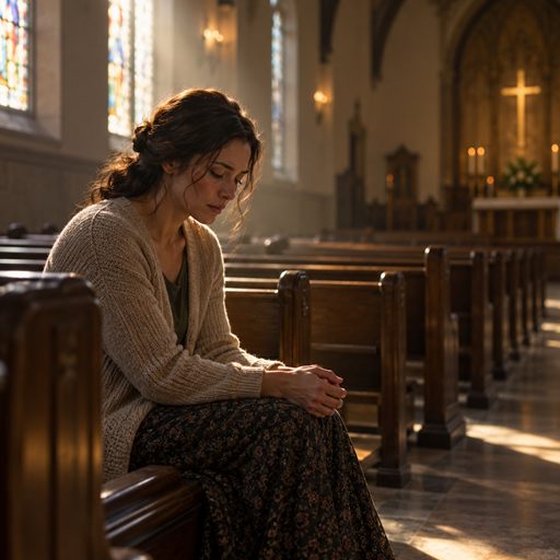 A woman sits quietly in an empty church sanctuary, carrying the grief of being hurt in a place where she sought refuge.