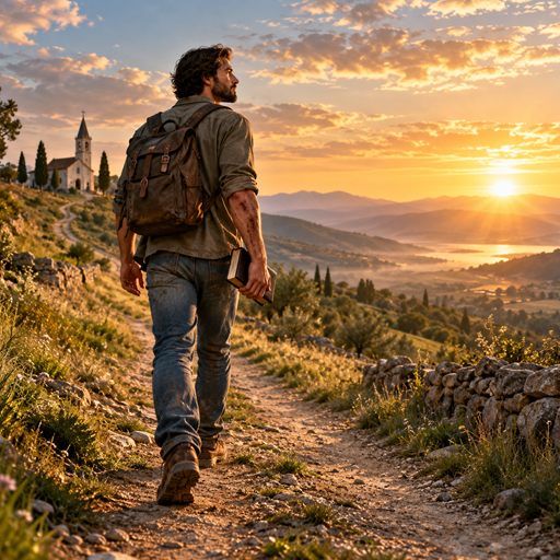 A believer walks along a hillside path at sunrise, looking toward an open horizon with a church behind him.