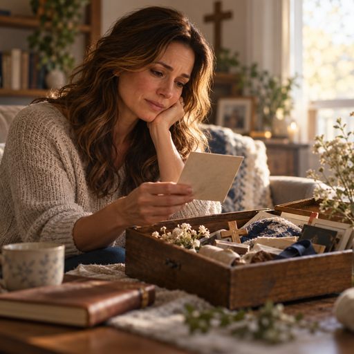 A woman reflects on keepsakes from a former church community in a softly lit home.