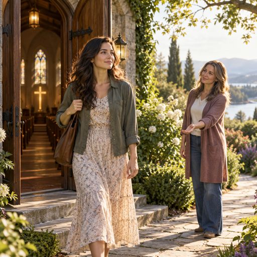 A woman steps away from a church doorway while a trusted friend waits beside a sunlit garden path.