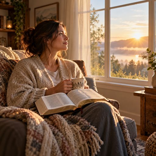 A woman sits by a window with an open Bible, taking quiet time to reflect in the morning light.