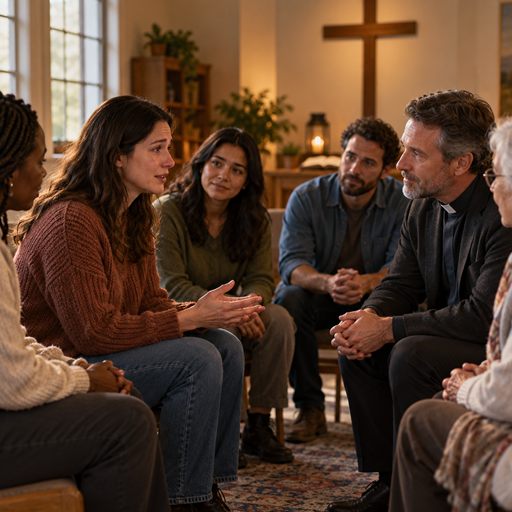 A church group listens with compassion as a woman shares her experience with a humble pastor among them.