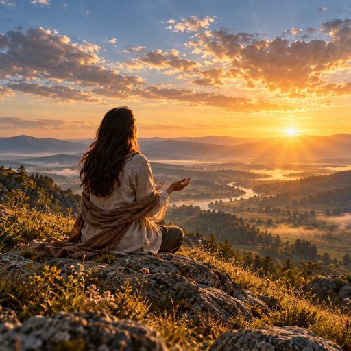 A woman prays beneath an open dawn sky, looking across a peaceful valley as the sun rises.