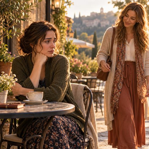A thoughtful woman sits at an outdoor cafe as a friend approaches gently, leaving space for a cautious conversation.