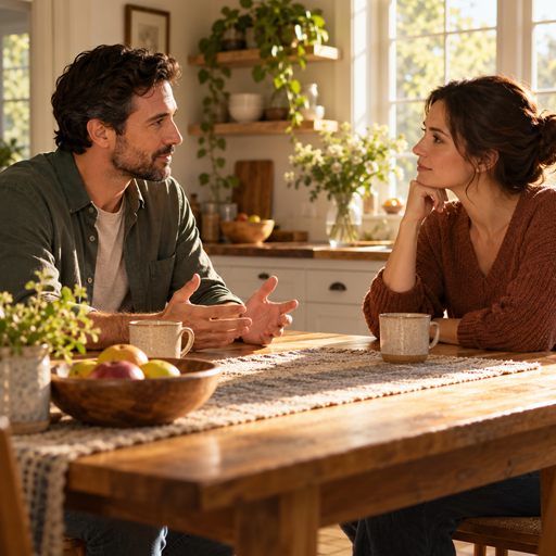 Two adults listen carefully to one another across a sunlit table, sharing a calm and respectful conversation.