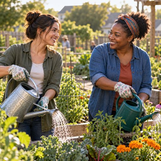 Two women meet as neighbors in a community garden and share an easy smile while watering plants.