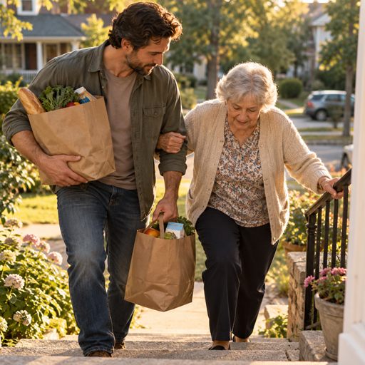 A man helps an older neighbor carry groceries up the steps, showing care through a quiet act of service.