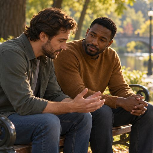 A man shares something personal with a trusted friend on a park bench while the friend listens closely.