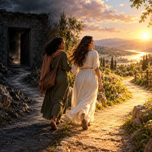 Two women walk together along a bright path, leaving a shadowed doorway behind them.