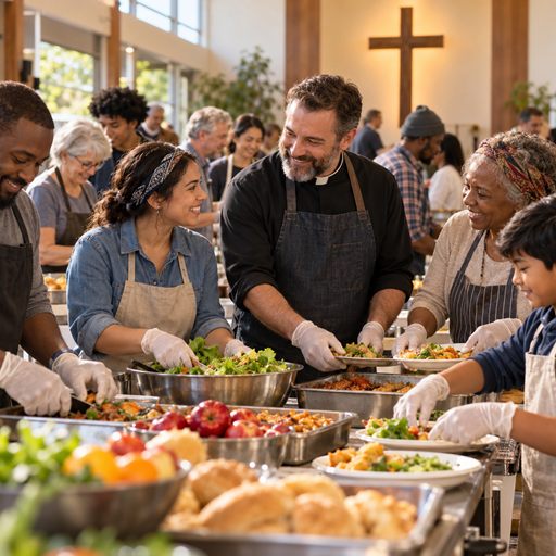 A diverse church community prepares a meal together, with a humble pastor serving alongside the congregation.