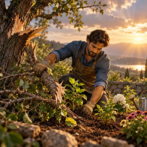 A gardener removes a storm-damaged branch while carefully tending new plants growing beside it.