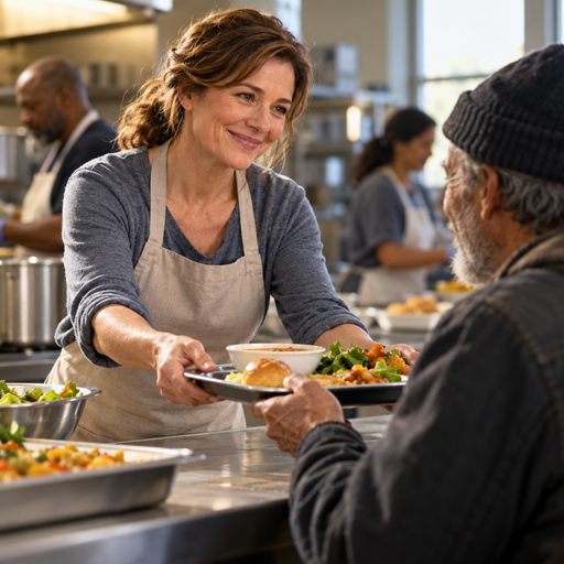 A former church volunteer serves a neighbor at a community kitchen, sharing a kind smile.