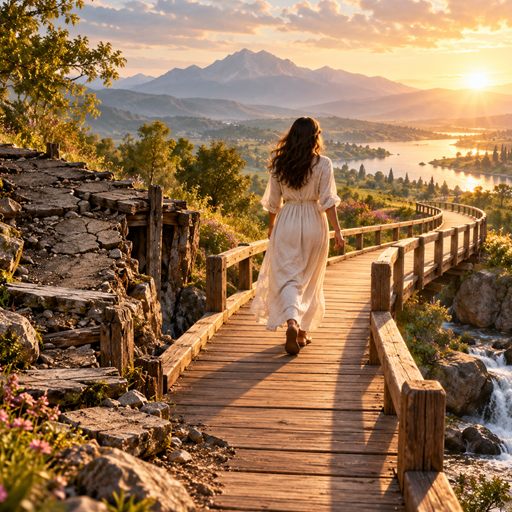 A woman walks forward across a newly rebuilt footbridge toward an unfamiliar, peaceful landscape.