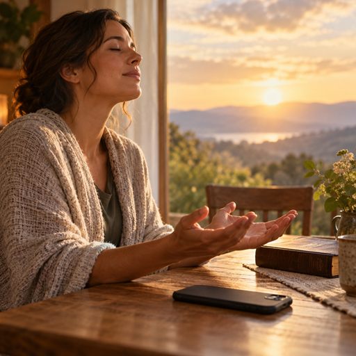 A person sets a phone aside and opens their hands in quiet prayer beside it.
