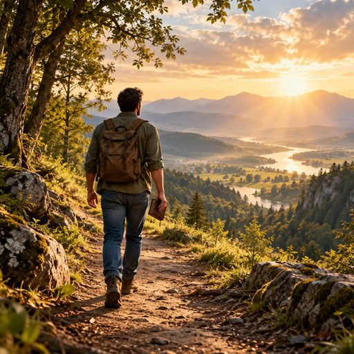 A man walks along a woodland path toward a broad, sunlit valley, carrying a small journal.