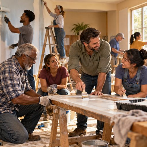 A diverse group repairs and paints a community room together, sharing the work as equals.
