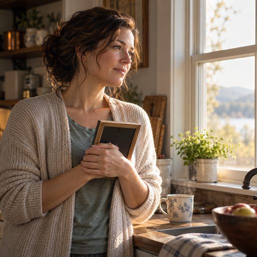 A woman pauses at her kitchen window with a framed photograph in her hands as a memory briefly returns.