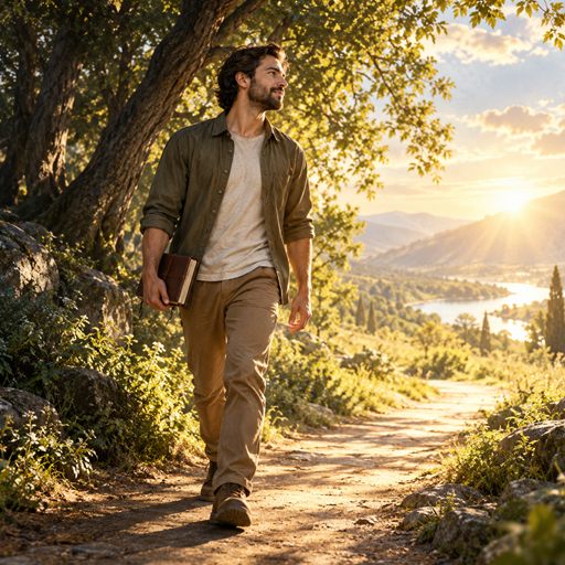 A man walks along a sunlit grove path with a journal at his side, moving beyond the shadows behind him.