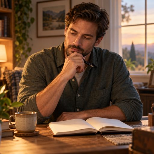 A man thoughtfully pauses over an open journal in a softly lit room.