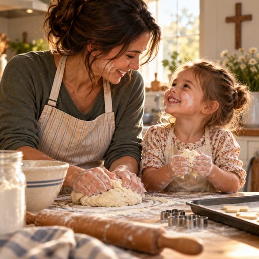 A parent and young child bake together, sharing a warm and attentive moment.