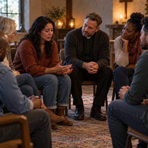 A church small group listens with compassion as one member shares, with a pastor sitting among them.