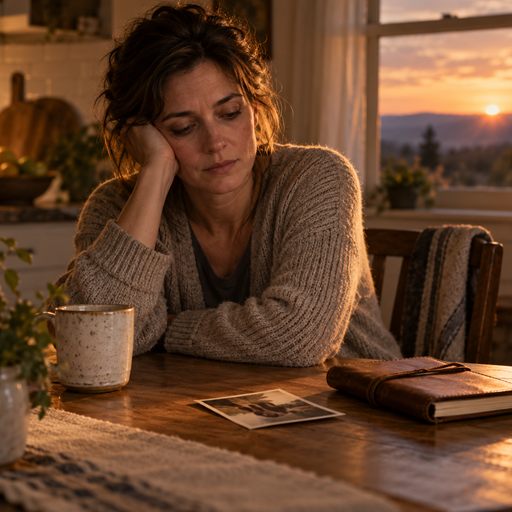 A woman sits quietly at a table beside a turned-over photograph and a closed journal, looking weary as evening settles.