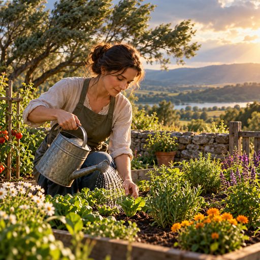 A woman tends her own garden plot while wind moves the trees beyond a low boundary.