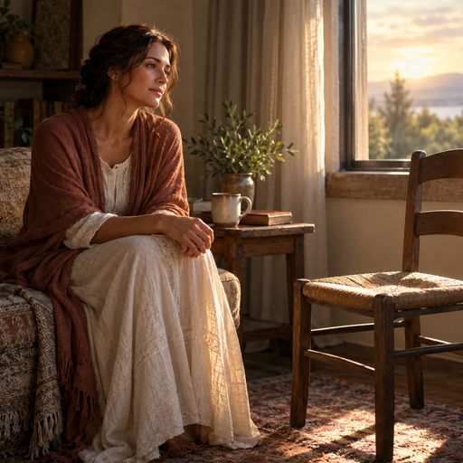 A woman sits beside an empty chair in a quiet room, reflecting after a difficult conversation.