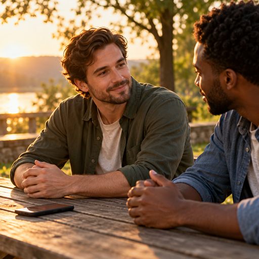A man sets his phone aside and turns toward a friend sitting beside him at a park table.
