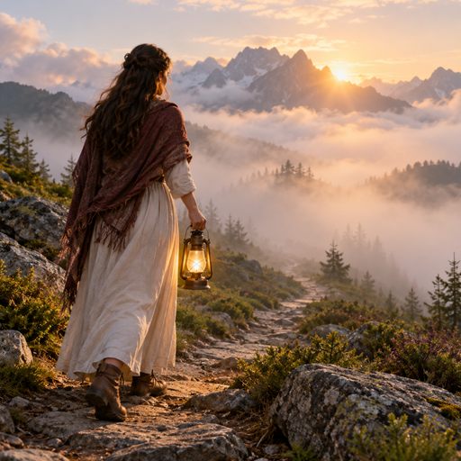 A woman takes one careful step onto a misty mountain path, carrying a small lantern.