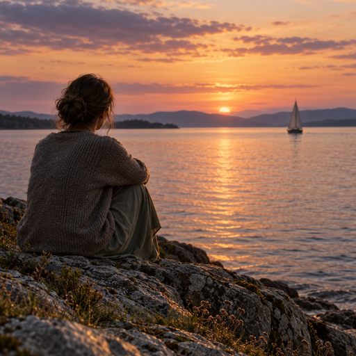 A person sits on a quiet shoreline at dusk, watching a sailboat recede across the water.