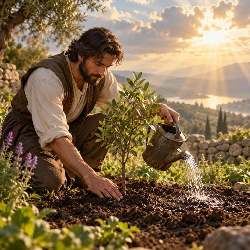 A man carefully plants and waters a young tree in a sunlit garden.