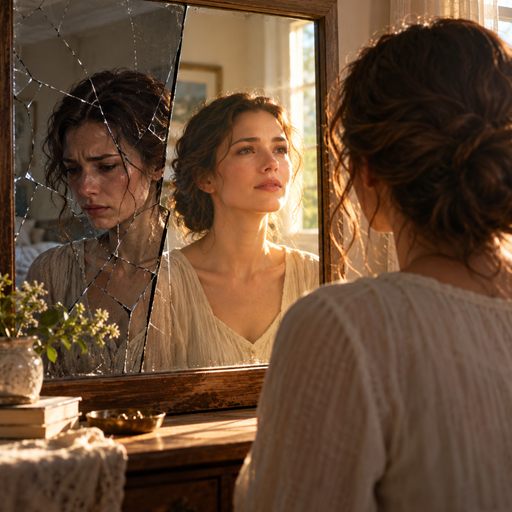 A woman looks at her reflection in a mirror, with a shadowed fractured reflection beside her and warm light on her face.