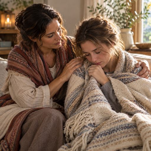A trusted friend sits close and gently comforts a grieving woman with a warm blanket.