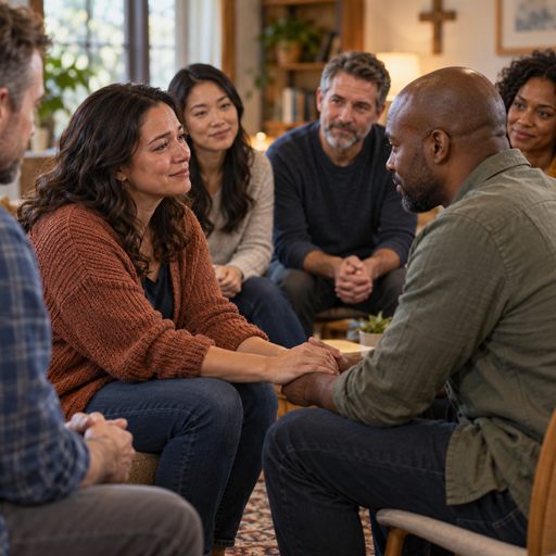 A woman shares a sincere moment with a supportive small group, where people listen with care.