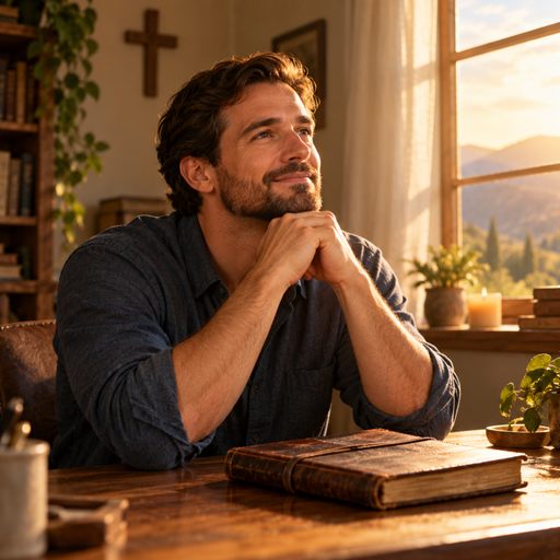 A man pauses beside a closed journal, giving himself a compassionate moment in warm window light.