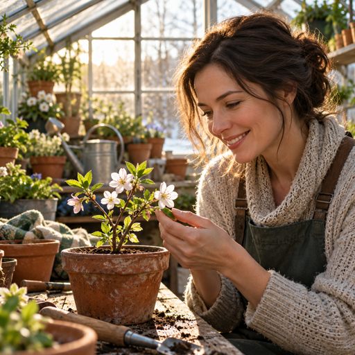 A woman discovers the first blossoms on a young plant inside a sunlit greenhouse.