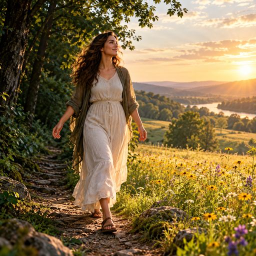 A woman walks from a shaded woodland path into a broad sunlit meadow with an open posture.