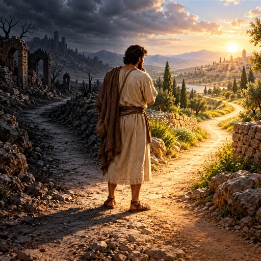 A person choosing the sunlit path of truth and healing over the shadowed road of revenge
