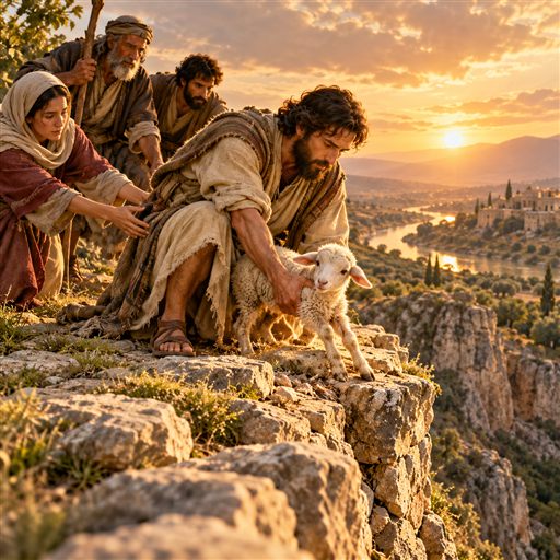 A shepherd and companions safely guiding a lamb from a rocky ledge