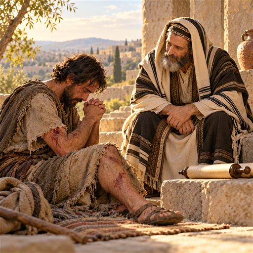 A wounded man praying while an elder listens beside him