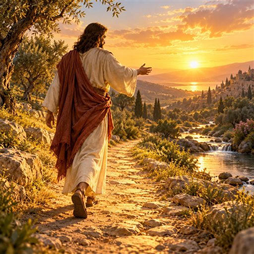 A person letting a stone fall into a stream before walking toward the light
